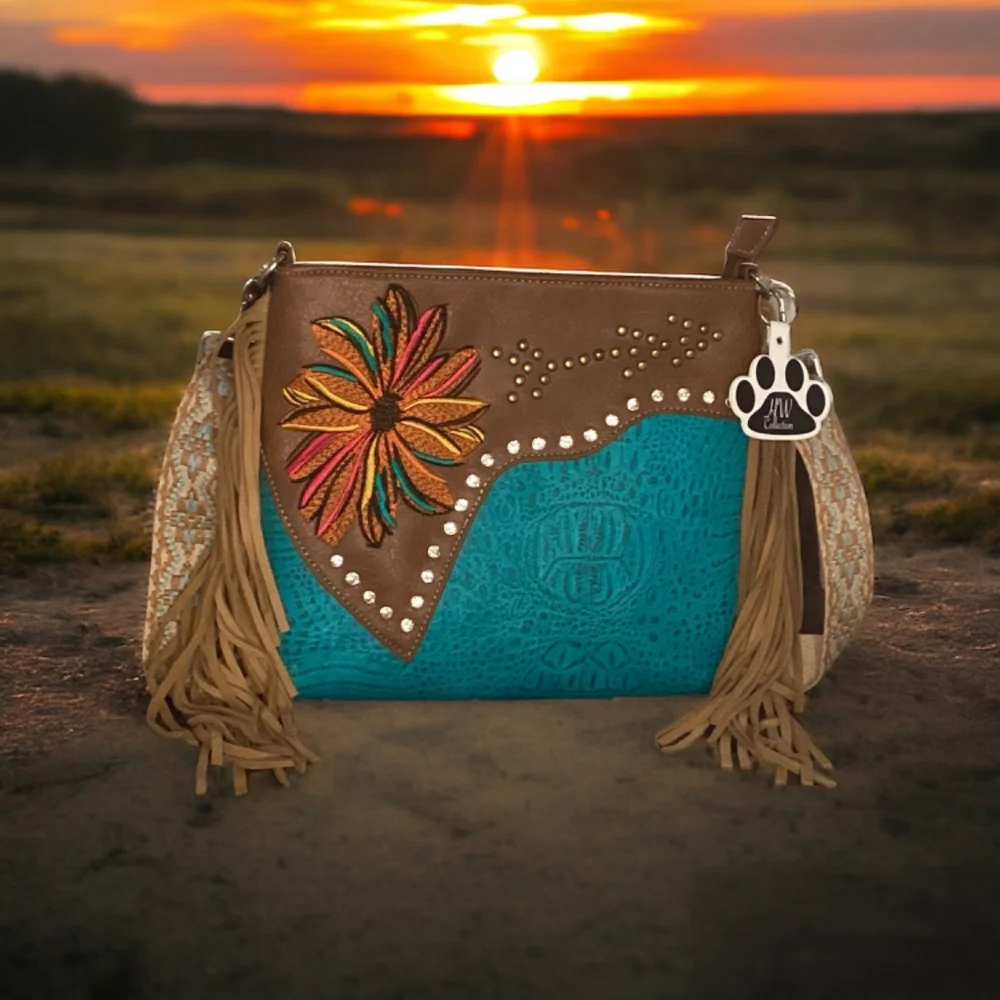 Western Fringe Crossbody Purse Flower Vegan Boho Bags Women Cowgirl Handbags - Picture 8 of 13